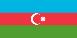 Three equally sized horizontal bands of blue, red, and green, with a white crescent and an eight-pointed star centered in the red band