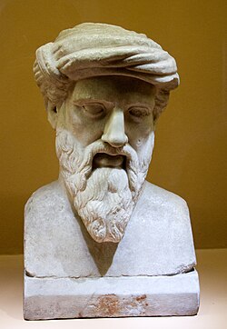 Roman copy of a Greek bust featuring Pythagoras of Samos wearing a turban (2nd–1st century BCE).