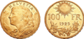 On 1925 gold 100 Swiss francs coin.