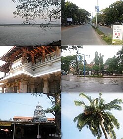 Clockwise from top: Kundapur River, Main Road, Shastri Circle, Coconut tree, Anegudde Sri Vinayaka temple, Kollur Mookambika temple.