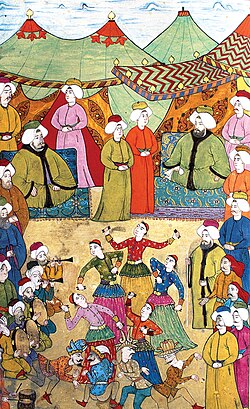 Musicians and dancers entertaining the crowds, from Surname-i Hümayun, 1720