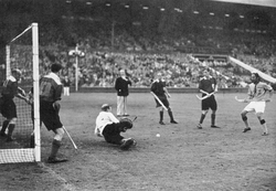 India scoring their third goal against Britain at the 1948 London Olympic final.
