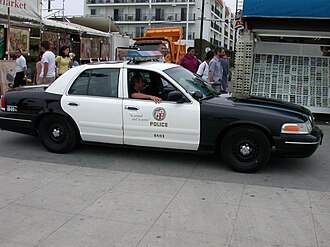 A Black and white police car of the Los Angeles Police Department