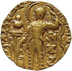 Samudragupta depicted with angarkha, Gupta Empire.