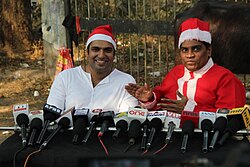 Patel with Johny lever at the completion shoot of Hotel Beautifool press conference