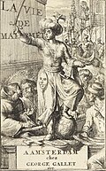 Illustration from La vie de Mahomet, by M. Prideaux, published in 1699. It shows Muhammad holding a sword and a crescent while trampling on a globe, a cross, and the Ten Commandments.