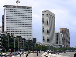 Southern tip of Marine Drive at Nariman Point, Air India building (left), Trident-Oberoi Hotel (centre) and NCPA Residential Complex (right) buildings