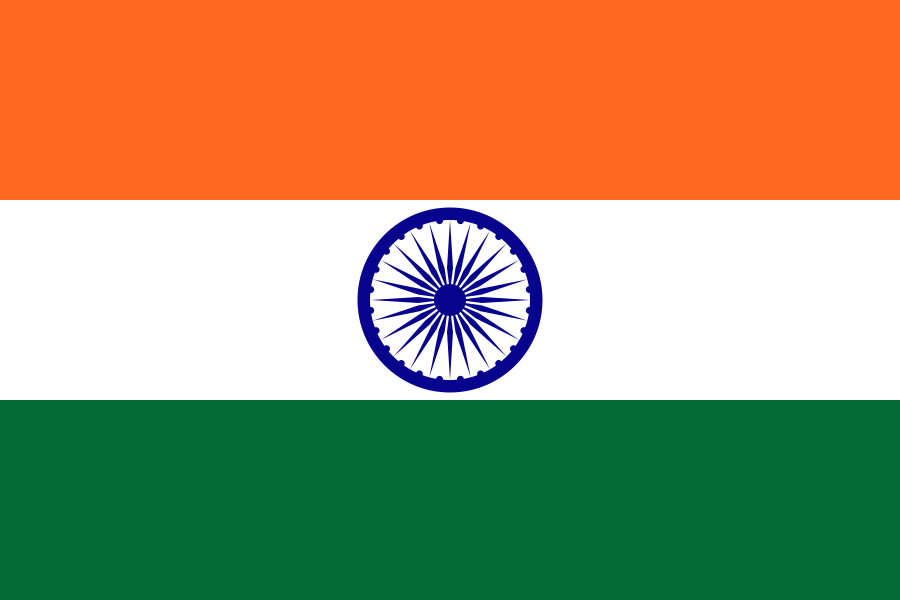 The national flag of India, with saffron, white and green horizontal bands and the Ashoka Chakra.