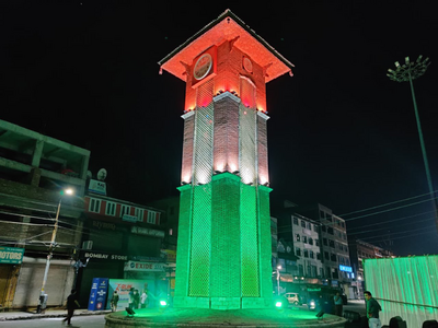 Lal Chowk Clock Tower Illuminated in Tricolour by the Srinagar Municipal Corporation in August 2021.