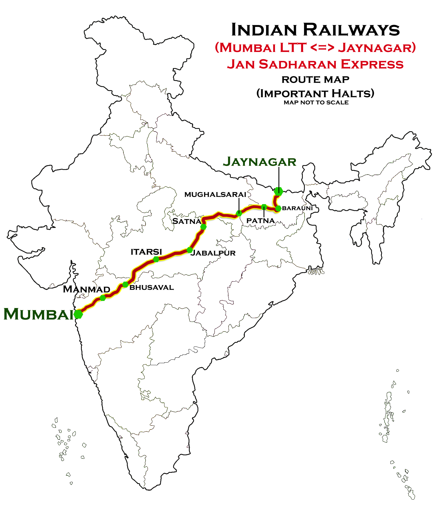 (Mumbai LTT - Jaynagar) Jan Sadharan Express route map.png