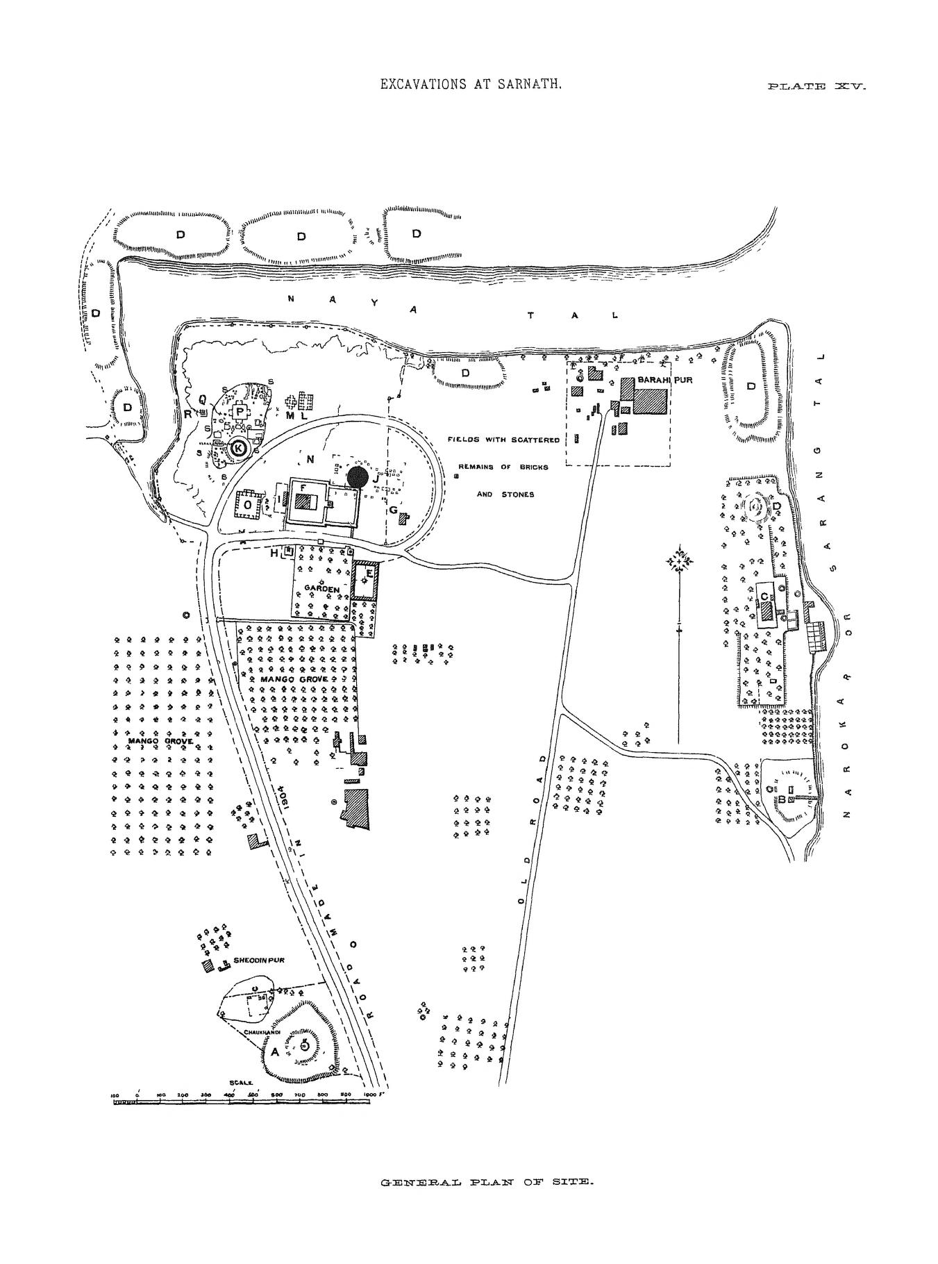 Plan of excavations at Sarnath, with sites labeled using Alexander Cunningham's terminology (1835)