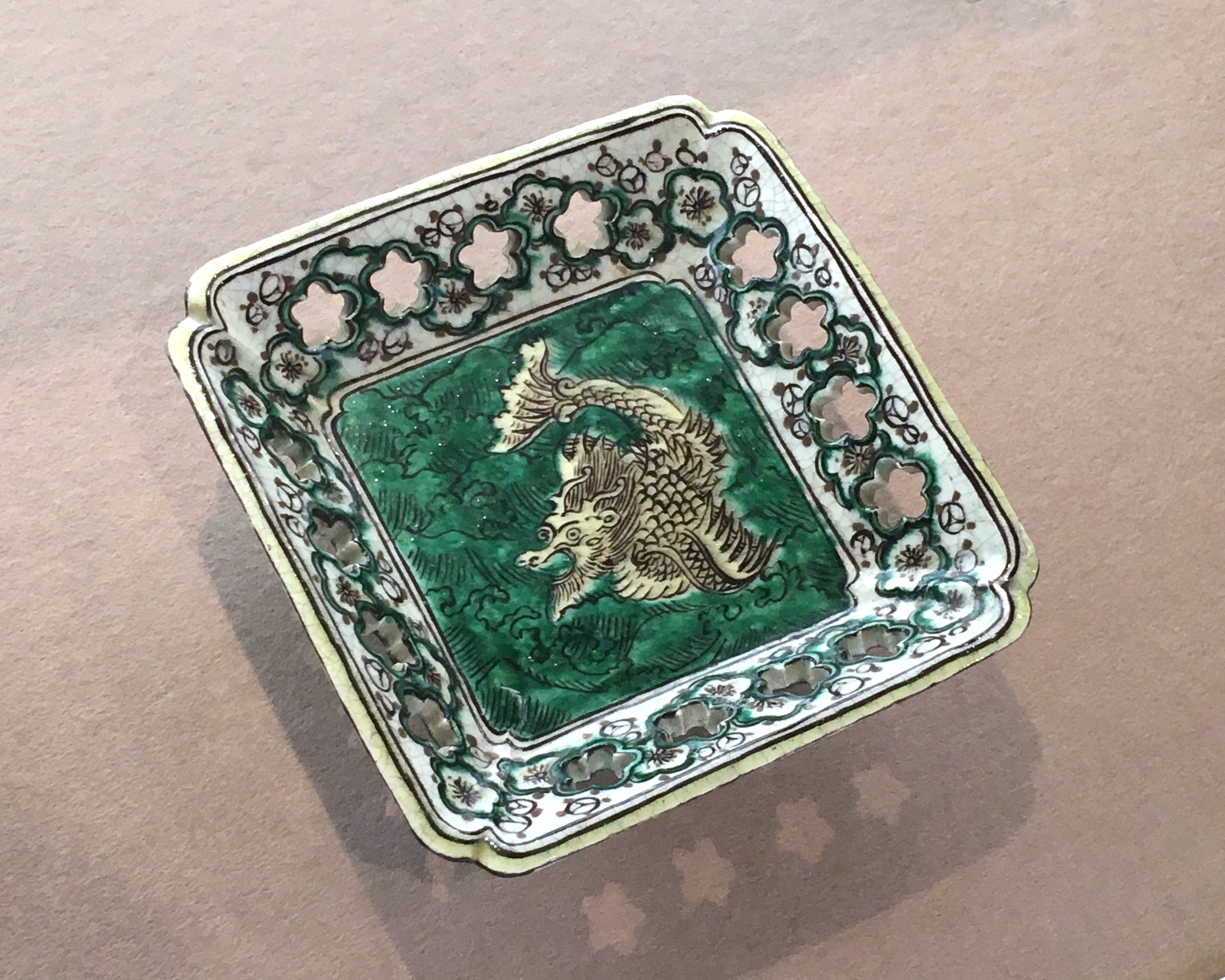 Sasashima ware square bowl, makara design. Edo period, 19th century