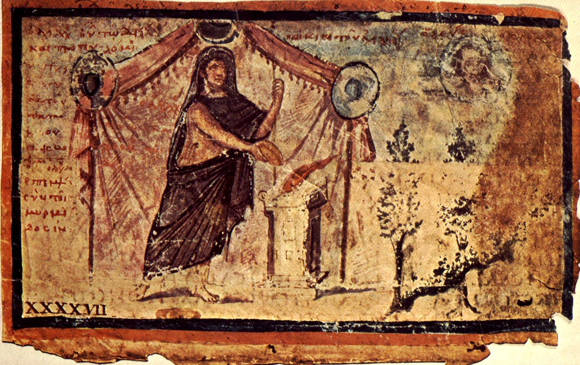 Achilles sacrificing to Zeus for Patroclus's safe return,[107] from the Ambrosian Iliad, a fifth-century illuminated manuscript