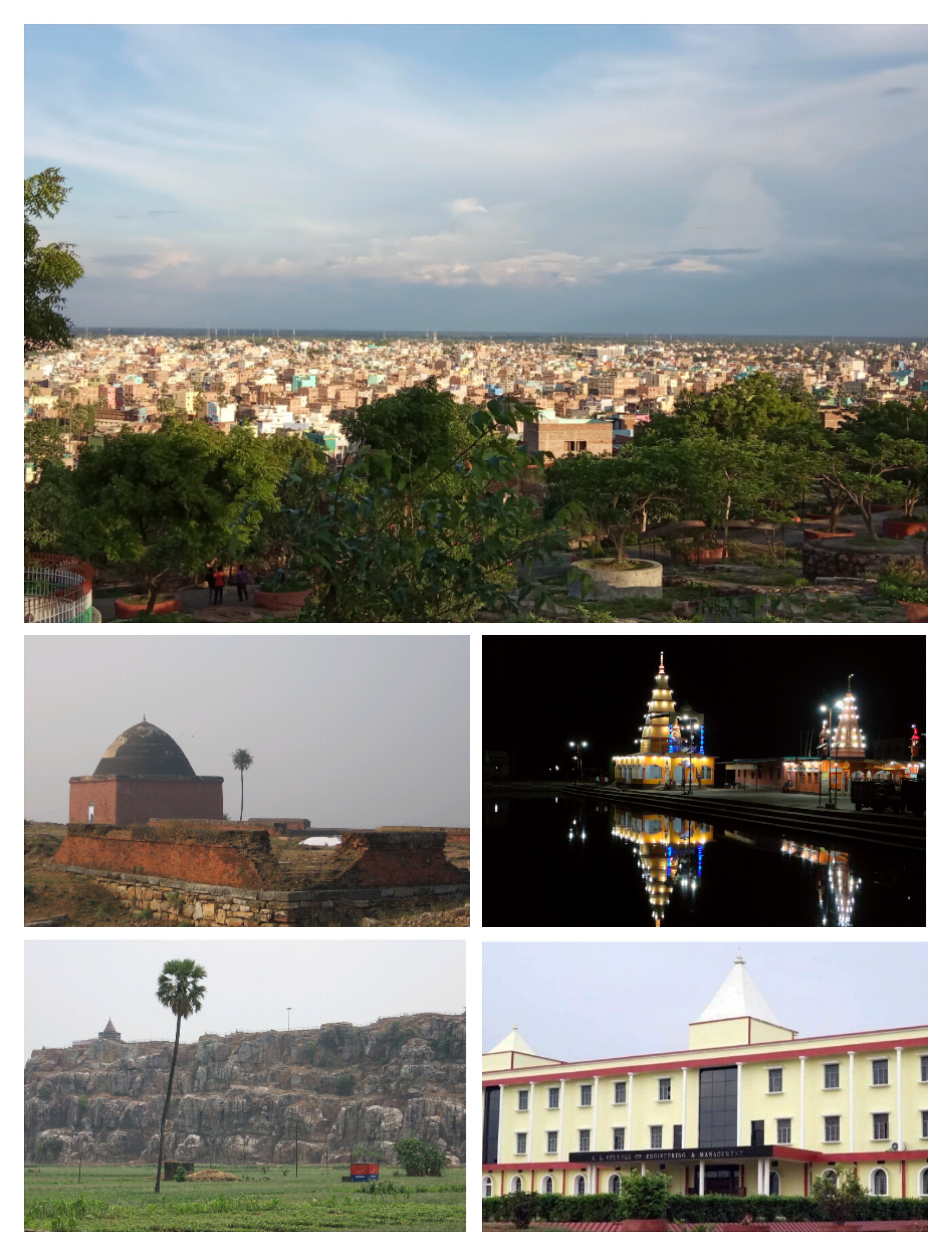 Top to bottom: The City Skyline, Tomb of Ibrahim Baya, Mora Talab Temple, View of Hiranya Parvat from NH 20, An institutional block at K. K. University