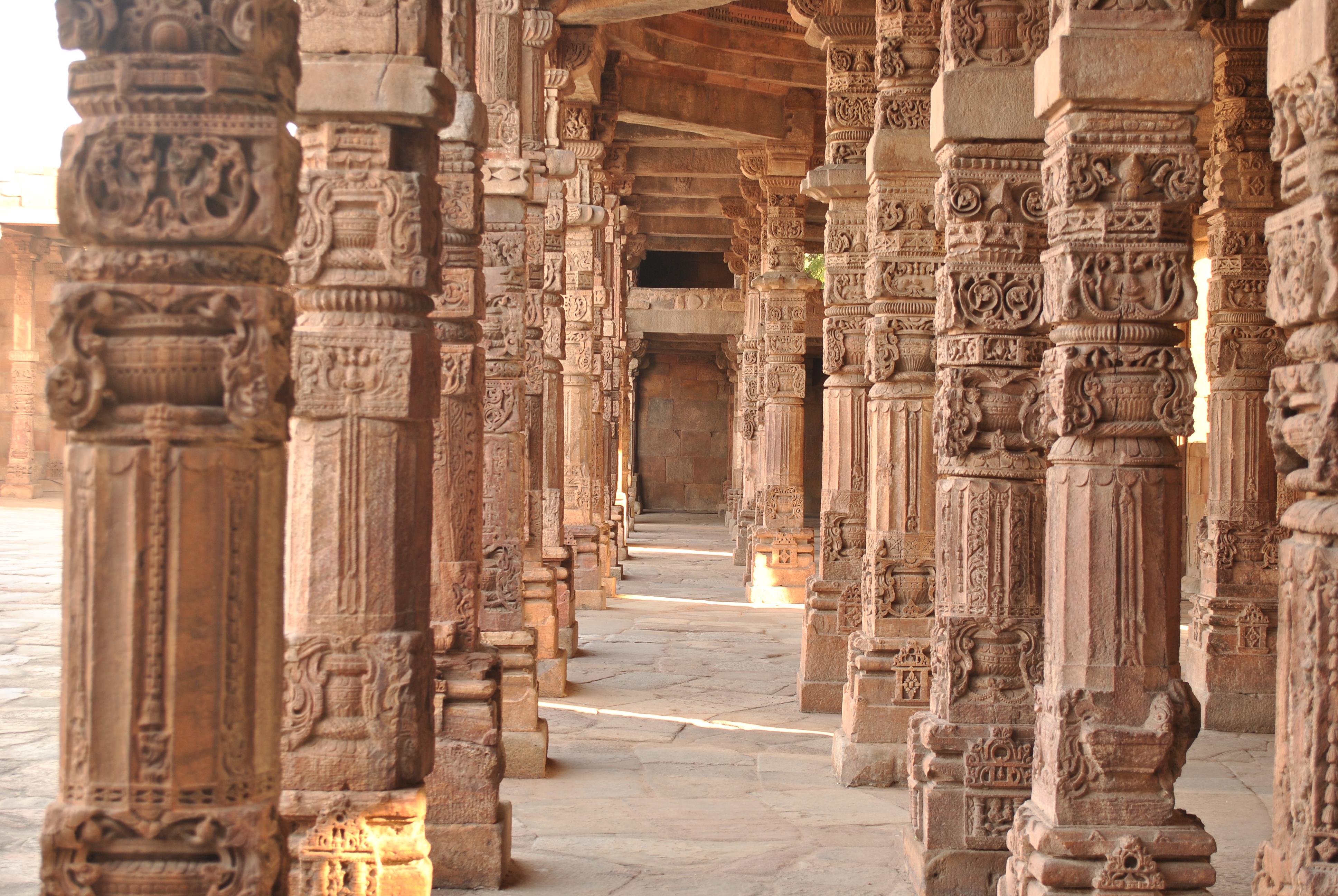 Sculptures of ancient temple in Qutb Minar complex.