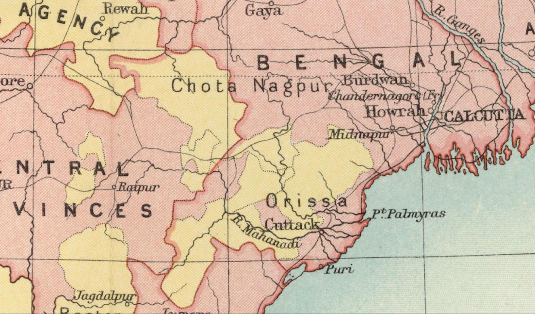 Chota Nagpur Plateau area. Political Divisions. 1909 Imperial Gazetteer of India map section.