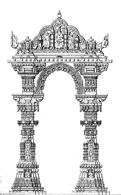 Artistic rendition of the Kirtistambh, a surviving portion of the 10-11th century Rudra Mahalaya Temple. The temple was partly destroyed by the Sultan of Delhi, Alauddin Khalji, in 1296 CE, with part converted into a mosque and further parts destroyed by Ahmed Shah I in the fifteenth century.