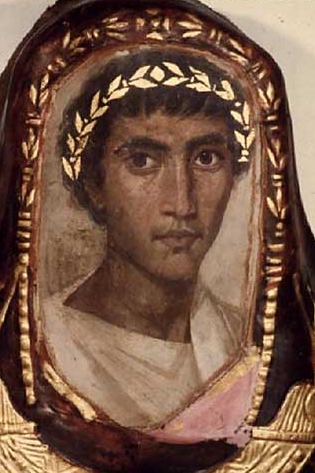 Room 62 – Detail from the mummy case of Artemidorus the Younger, a Greek who had settled in Thebes, Egypt, during Roman times, 100–200 AD