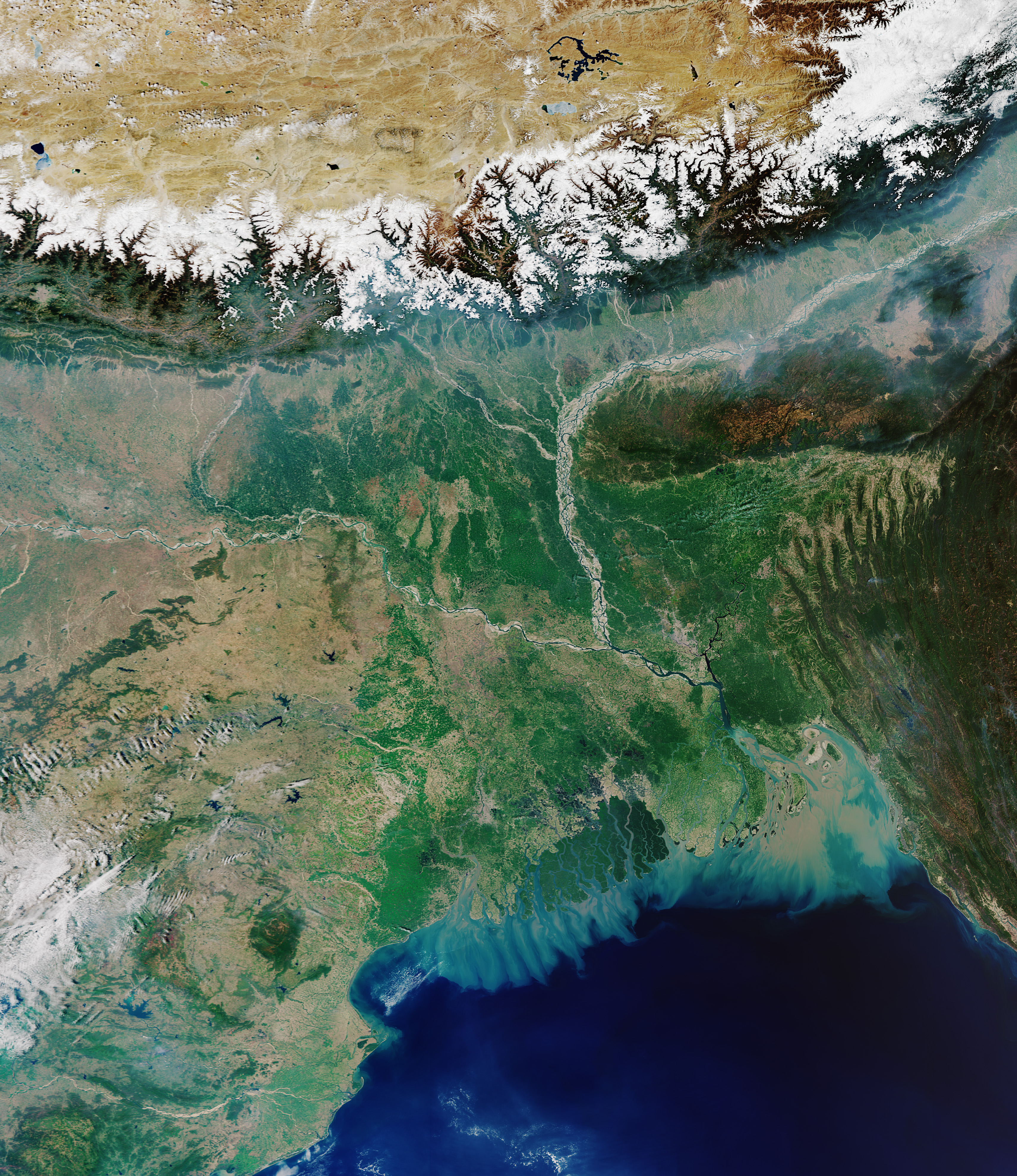 The Ganges-Brahmaputra Delta in a European Sentinel-3B image. The Ganges and the eastern Indo-Gangetic Plain lie to the left, the Brahmaputra to the right.