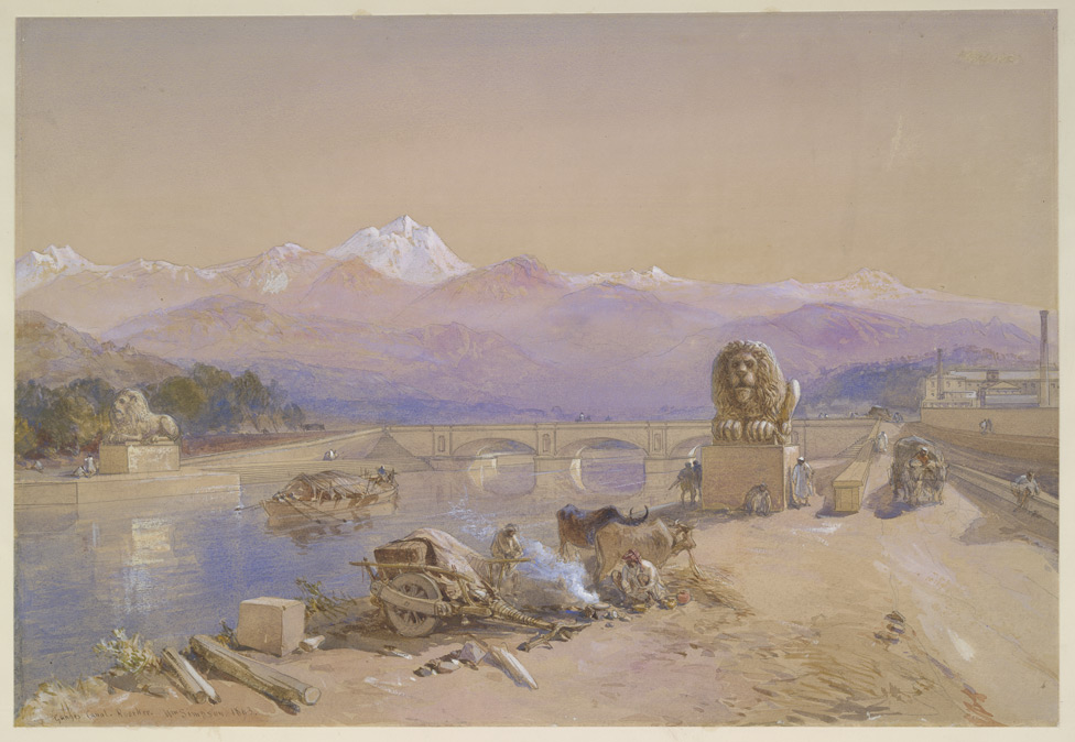 Watercolor (1863) titled "The Ganges Canal, Roorkee, Saharanpur District (U.P.)". The canal was the brainchild of Sir Proby Cautley; construction began in 1840, and the canal was opened by Governor-General Lord Dalhousie in April 1854