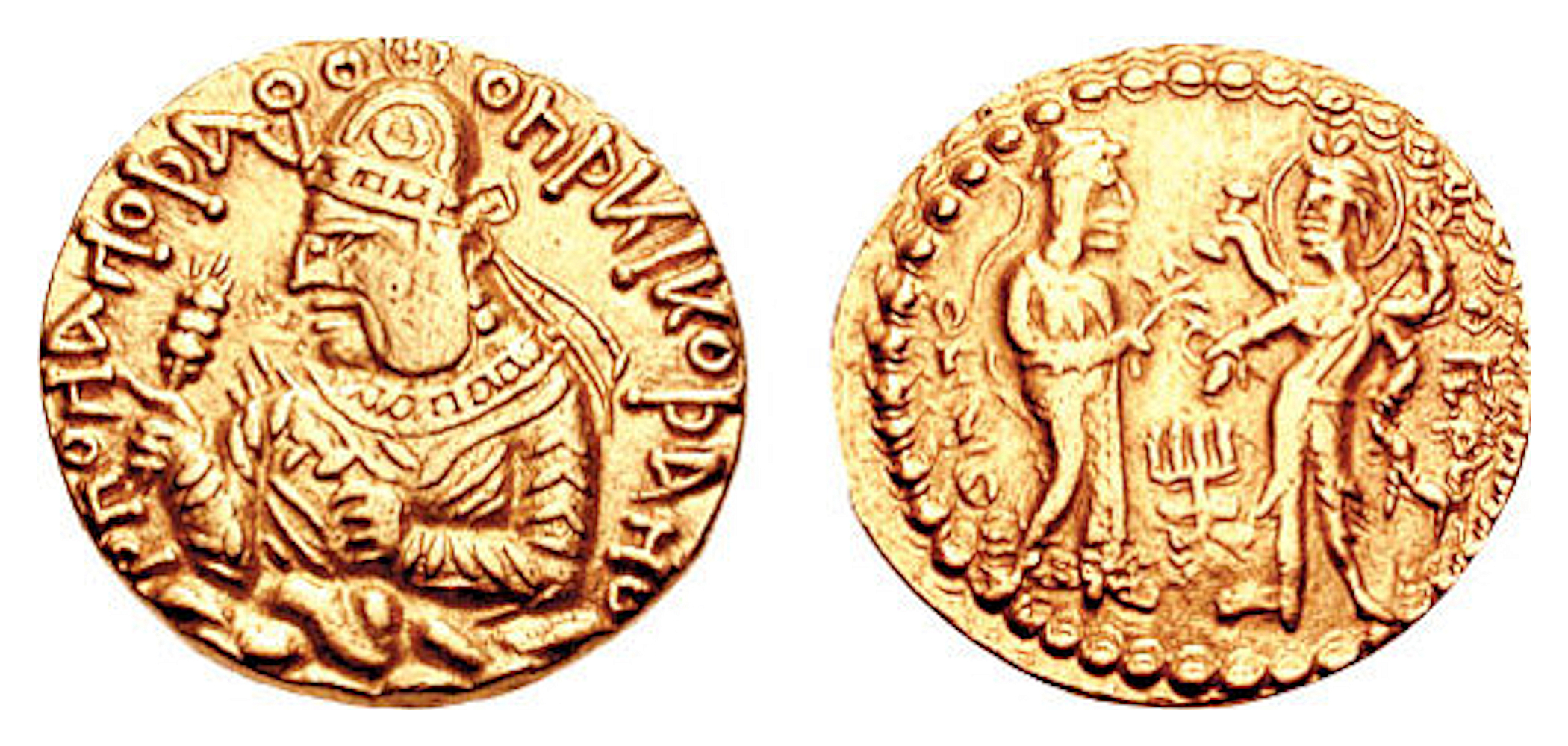 Coin of Huvishka with the divine couple Ommo ("ΟΜΜΟ", Umā) holding a flower, and Oesho ("ΟΗϷΟ", Shiva) with four arms holding attributes. Circa 150-180 CE.[23][24]