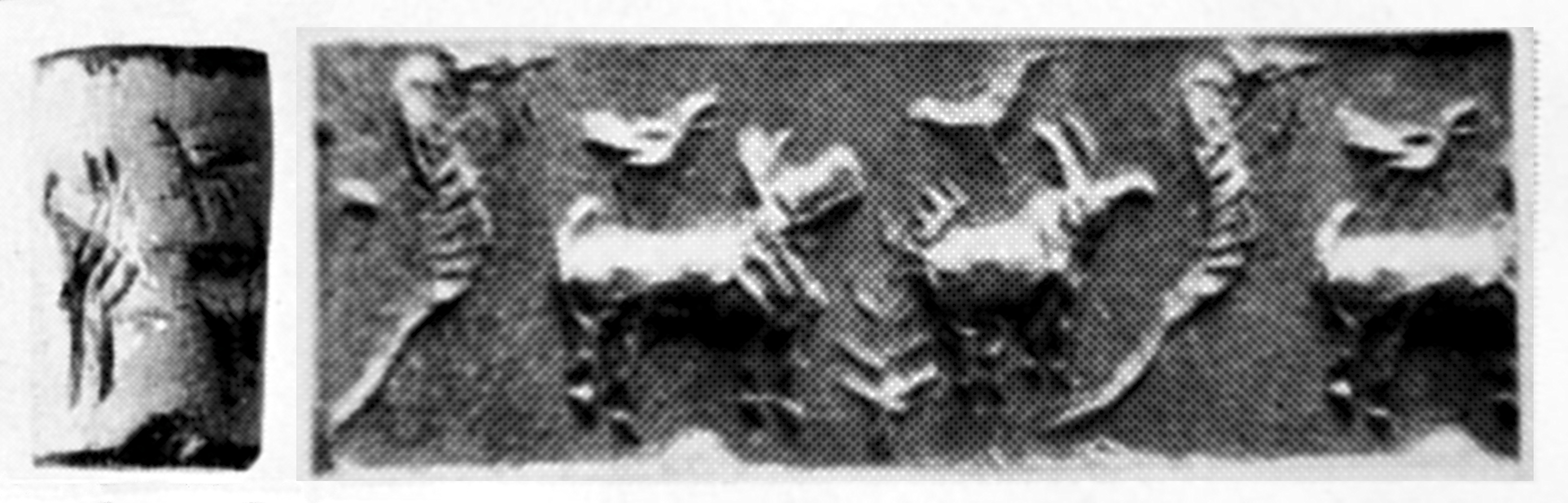A rare Indus Valley civilization cylinder seal composed of two animals with a tree or bush in front. Such cylinder seals are indicative of contacts with Mesopotamia.[108]