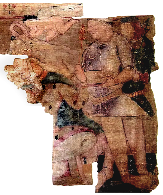 Painting of a Kushan ruler (probably Huvishka, seated) and attendants, Bactria.[25]
