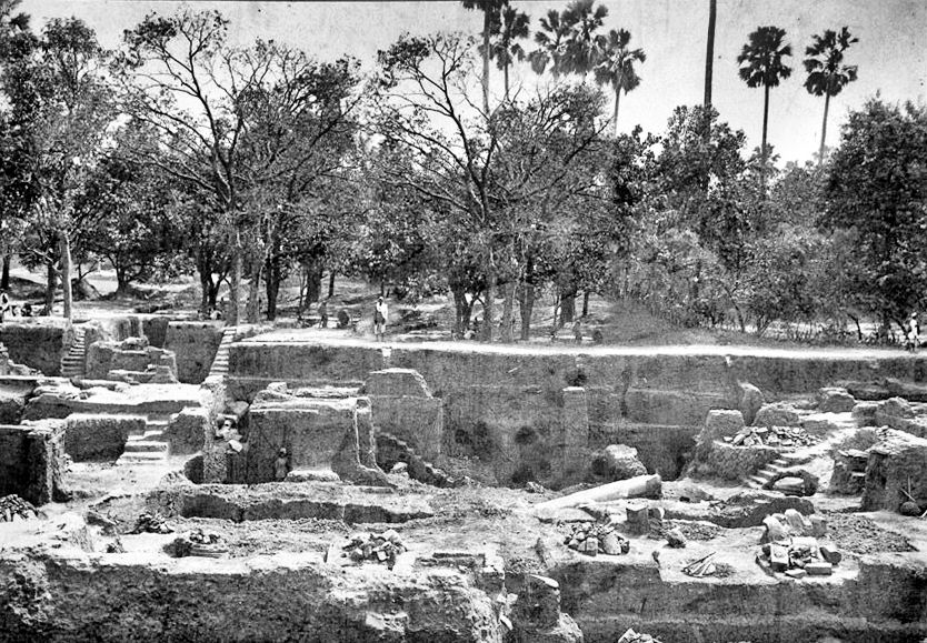 Mauryan ruins at the Kumhrar site of Pataliputra. The unique pillar that was found can be seen in the middle of the photograph.