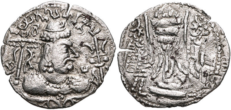 Coin of Alchon Huns ruler Mihirakula. Obv: Bust of king, with legend in Gupta script ()Error creating thumbnail: File missing,[198] (Ja)yatu Mihirakula ("Let there be victory to Mihirakula").[199][200][201]