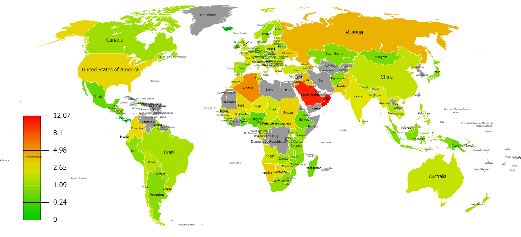 Map of military expenditures as a percentage of GDP by country, 2017[34][needs update]