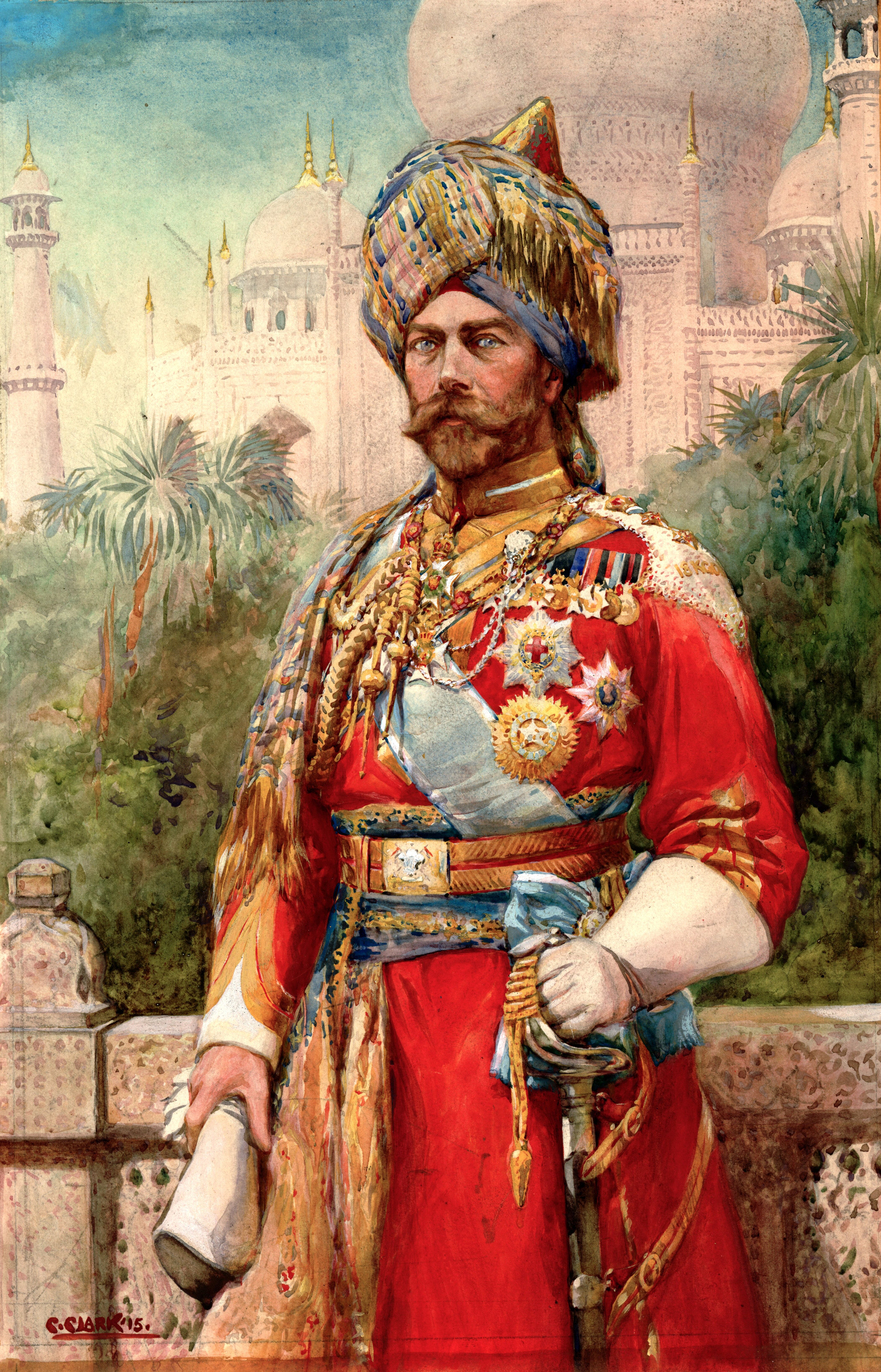Portrait of King George V at Delhi by Christopher Clark, 1915. He wears the Order with the uniform of the 18th King George's Own Lancers.