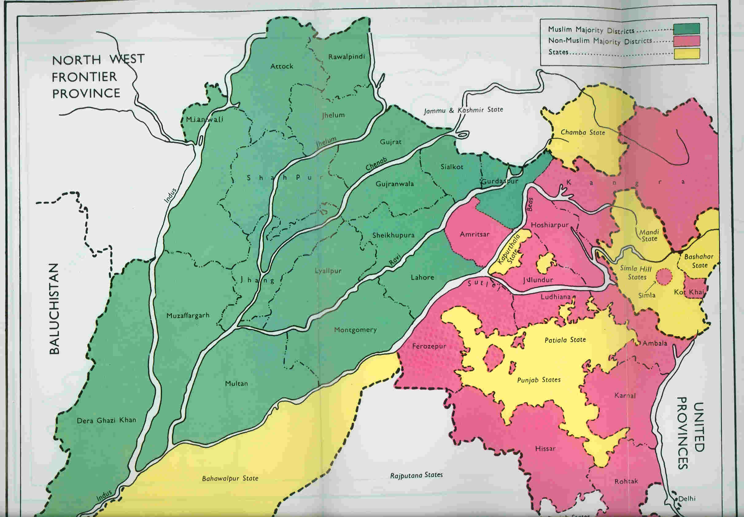 Districts of Punjab with Muslim (green) and non-Muslim (pink) majorities, as per 1941 census