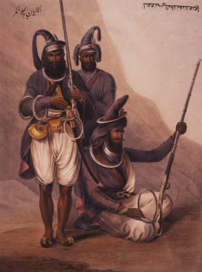 Nihang Abchal Nagar (Nihangs from Hazur Sahib), 1844. Shows turban-wearing Sikh soldiers with chakrams.