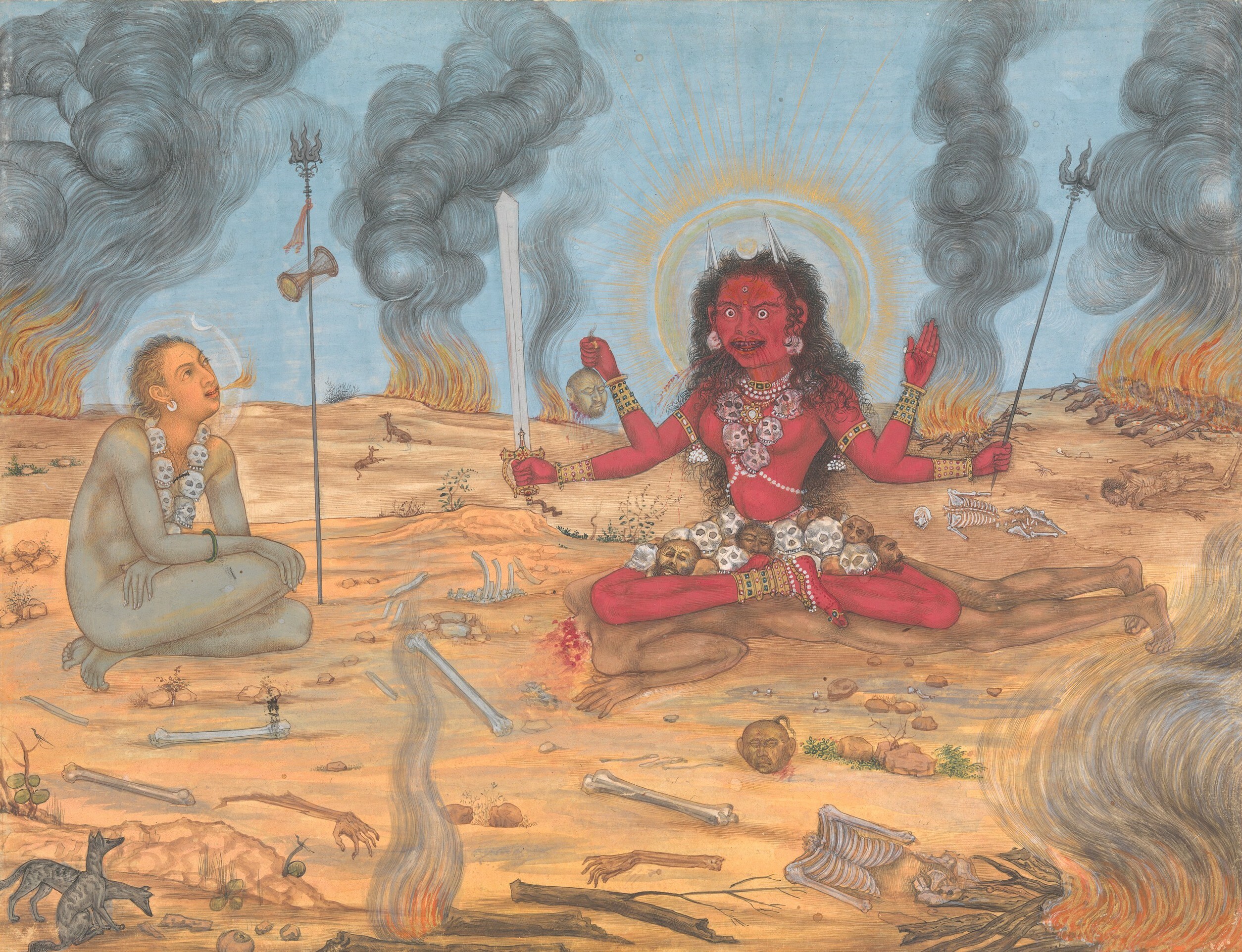 Tantric goddess Bhairavi and her consort Shiva depicted as Kāpālika ascetics, sitting in a charnel ground. Painting by Payāg from a 17th-century manuscript (c. 1630–1635), Metropolitan Museum of Art, New York City.