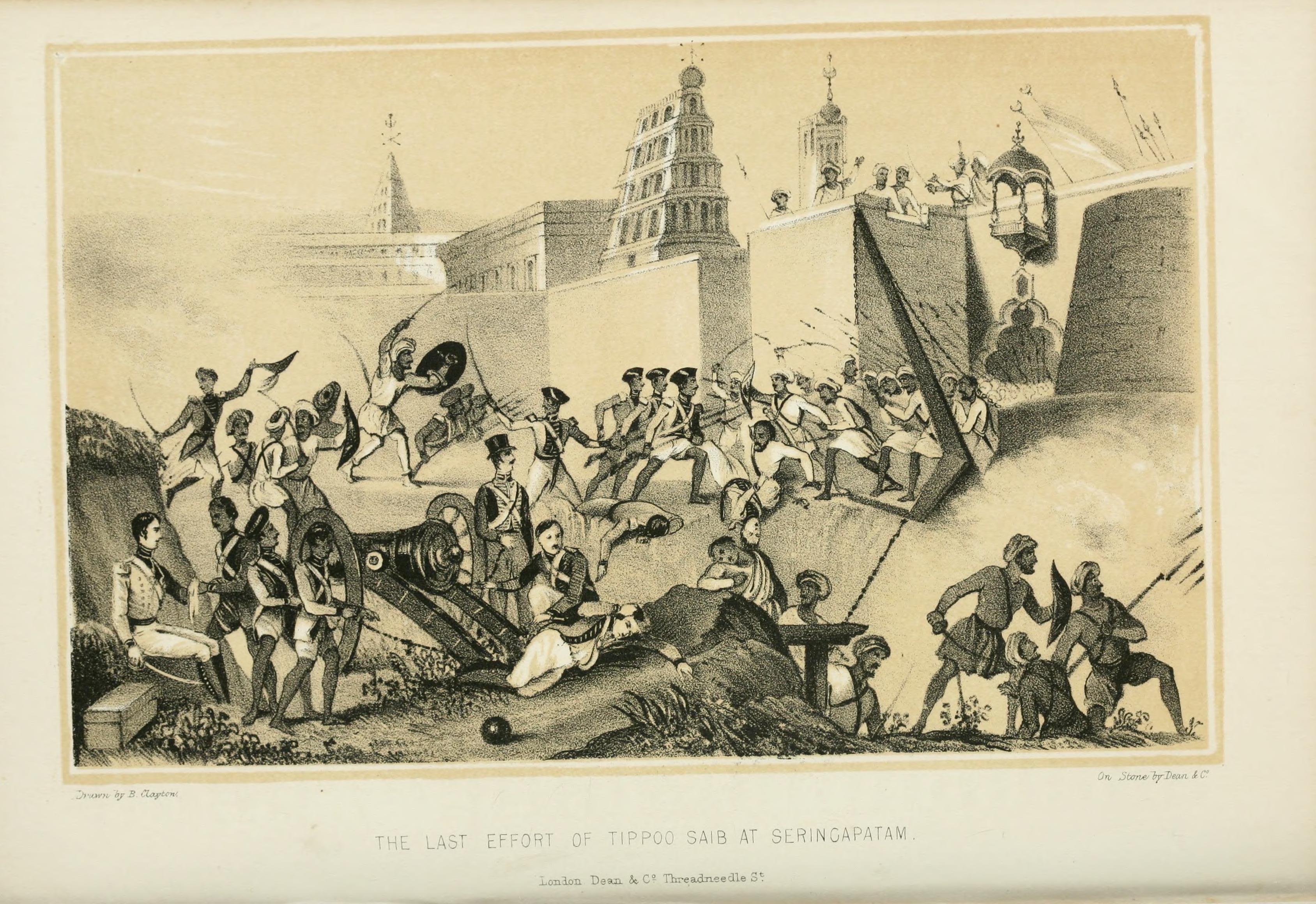 The Last Effort of Tippoo Saib at Seringapatam by B. Clayton, 1840[15]