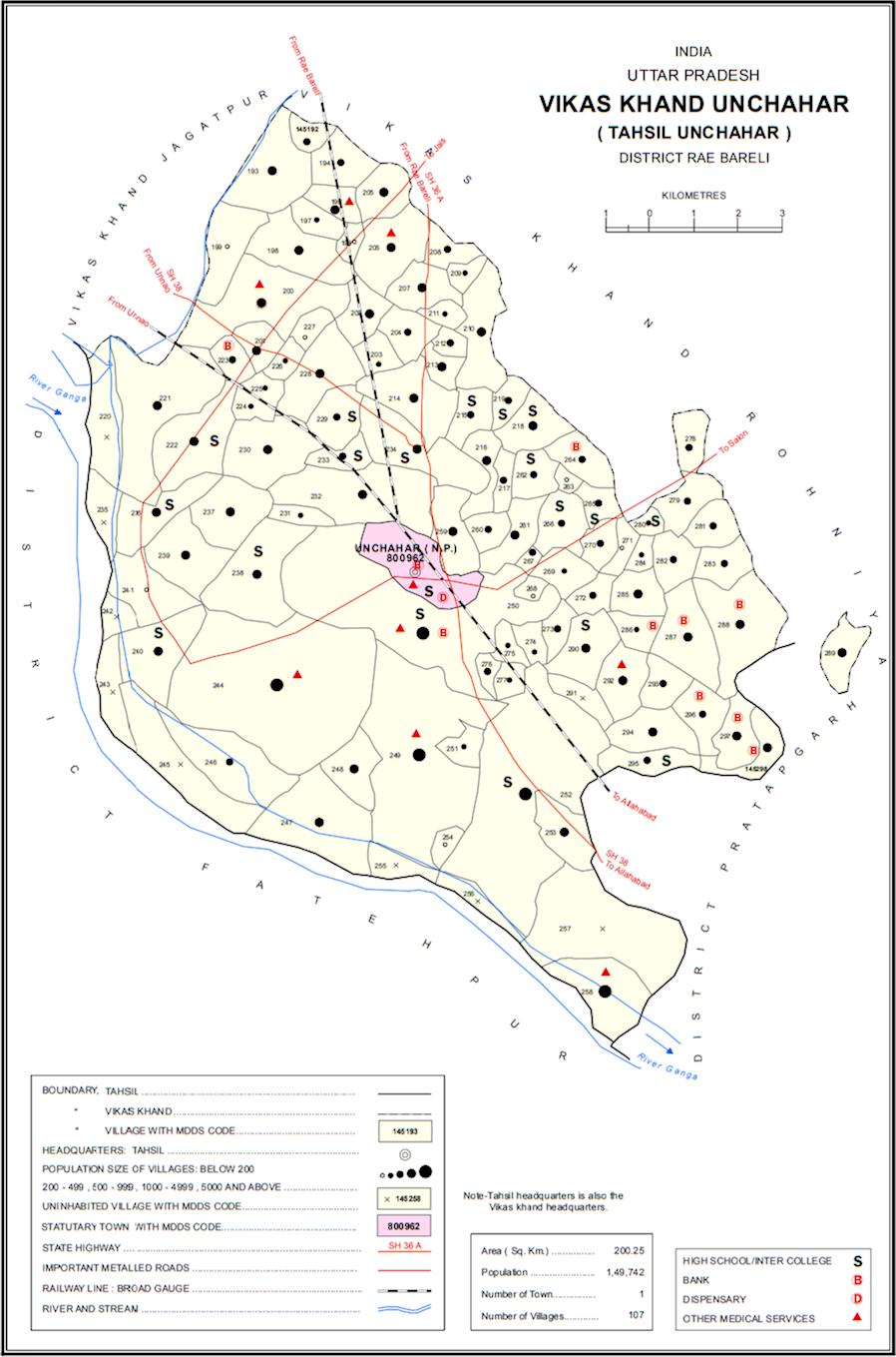 Map showing Narayanpur (#293) in Unchahar CD block