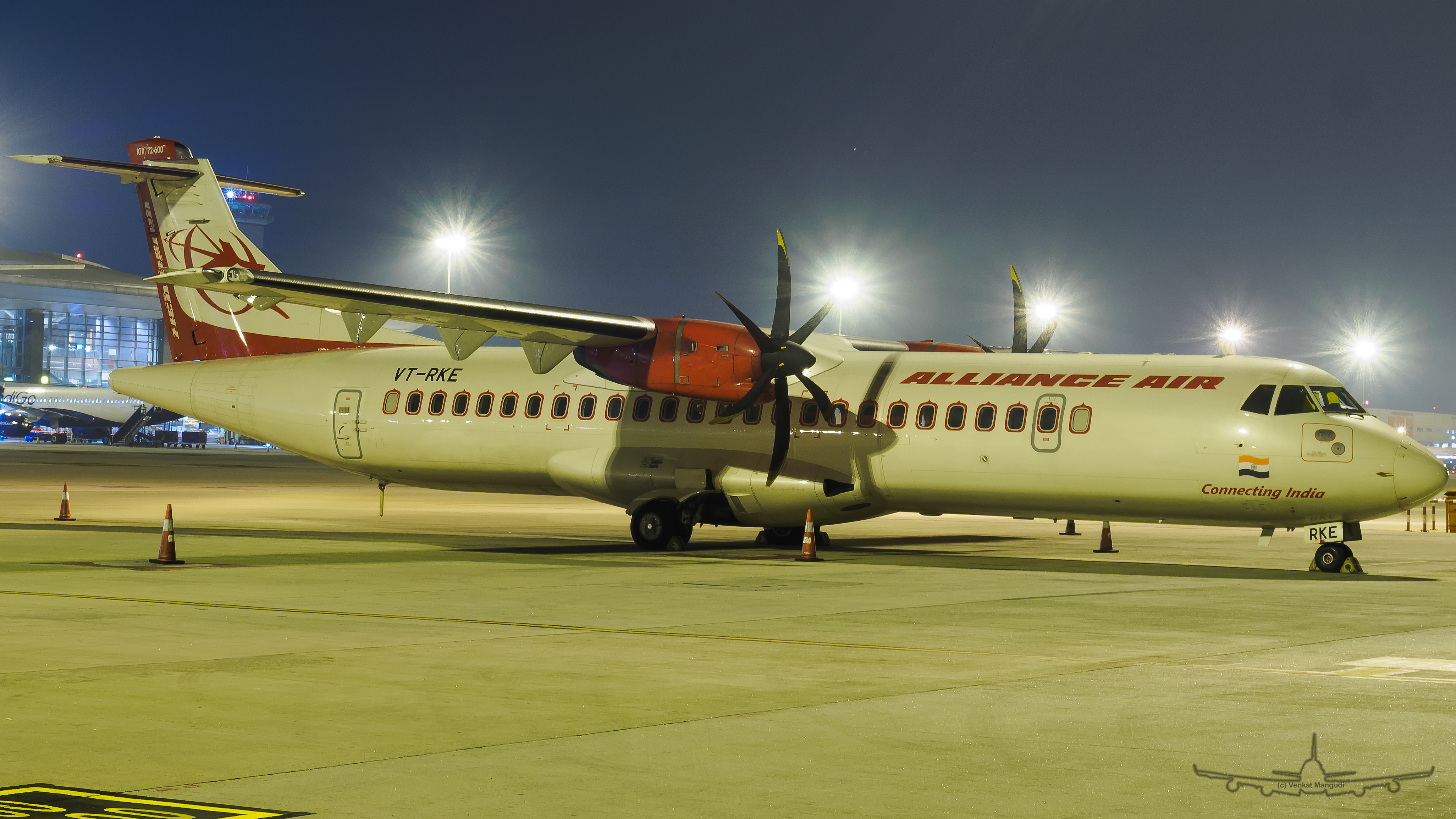 An ATR 72-600 belonging to Alliance Air, parked at Kempegowda International Airport in Bangalore