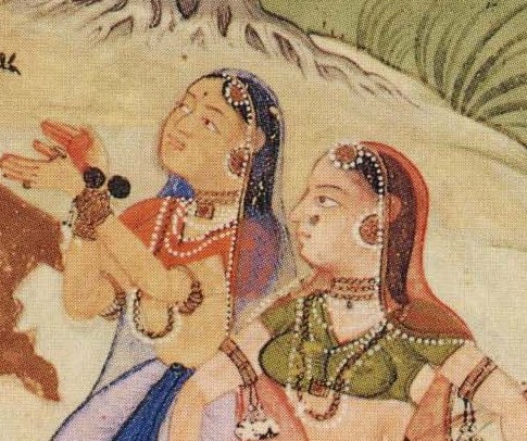 Detail of Vasant Ragini, Rajastani painting 1500s showing early form of choli tied at the back.